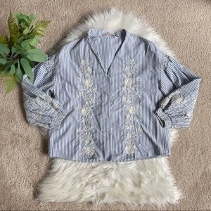 Zara Blue Striped Embroidered Ballon Top